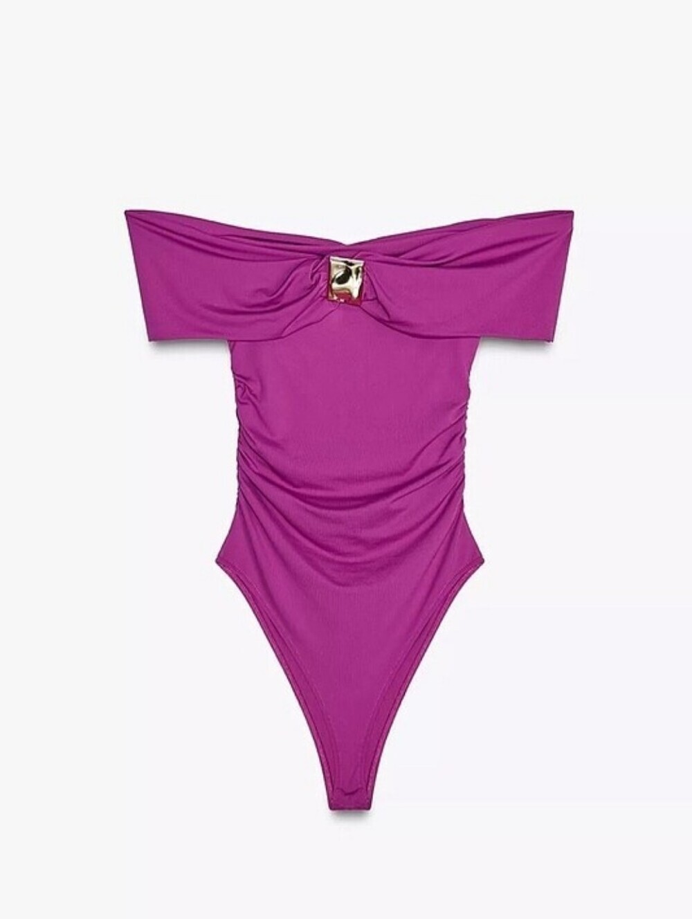 ZARA SEAMLESS PURPLE OFF THE SHOULDER BODYSUIT WITH GOLD BUCKLE